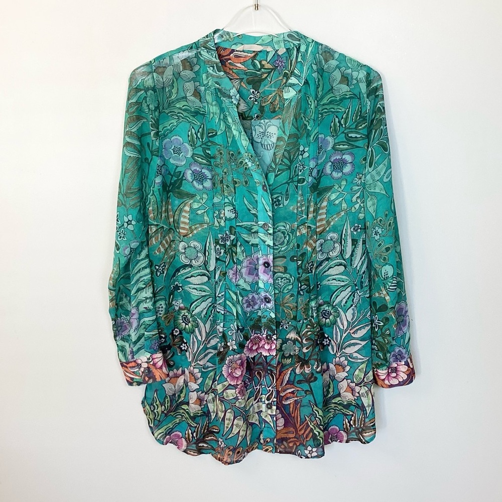 Soft Surroundings Long Sleeve Luau Garden Floral Semi-Sheer Tunic Length Top - S